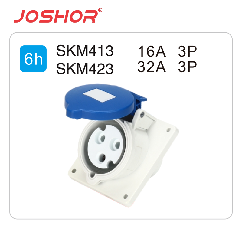 3孔16A工业插座SKM413 3芯32A暗装斜式插座SKM423 220V 2P+E JOSHOR