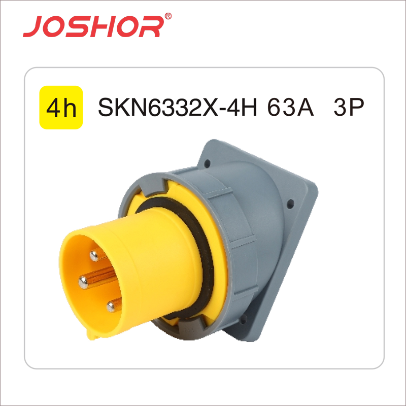 3芯63A斜式器具反装插头SKN6332X-4h 2P+E 110V JOSHOR索开