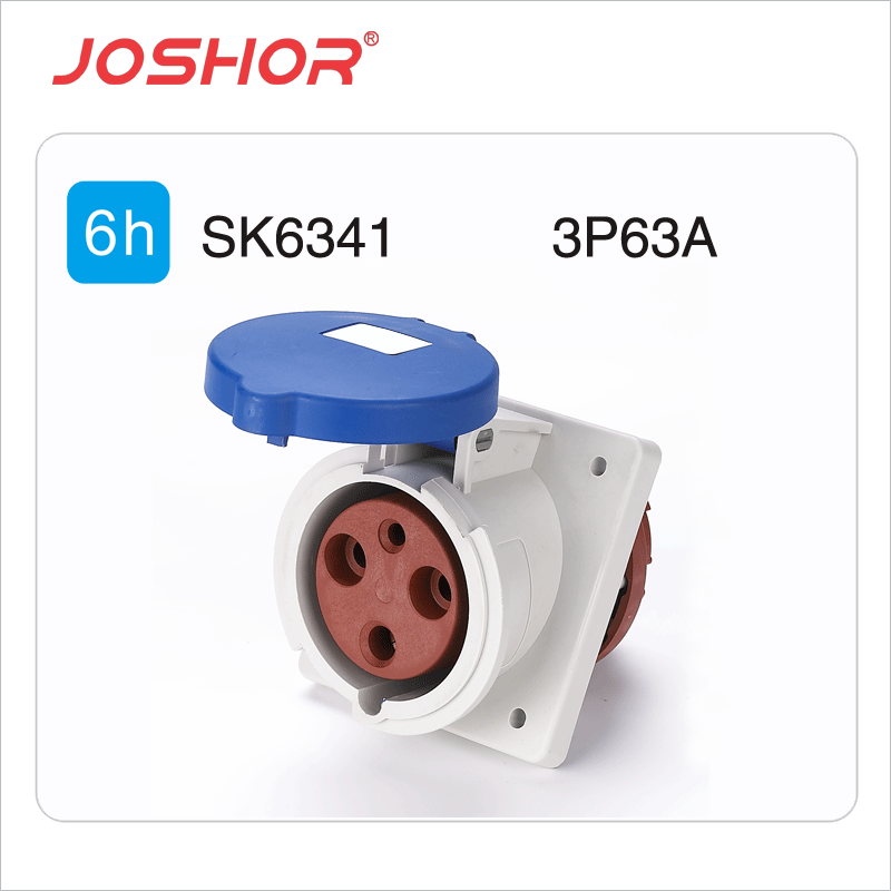 3孔63A工业插座SK6341 暗装斜座 2P+E 220V 工业插头插座报价